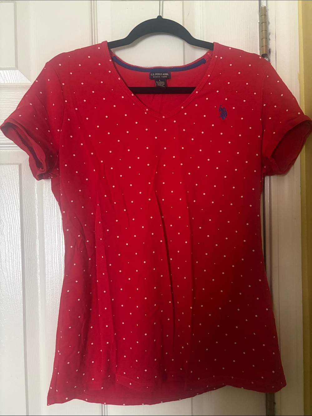 Ralph Lauren Red V-Neck Short Sleeve Polka Dot Tee